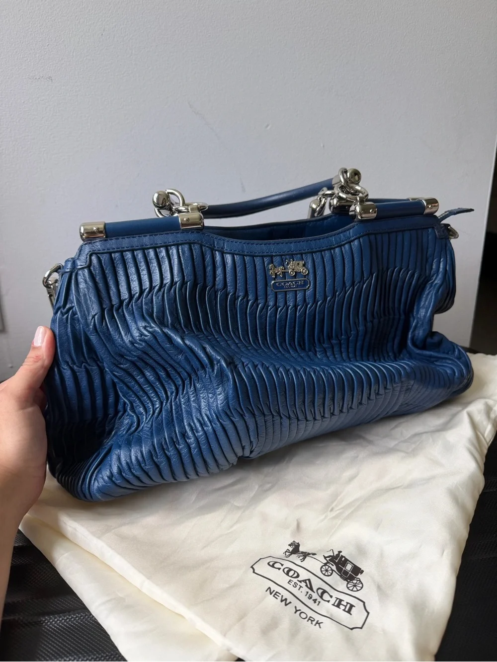 Coach Navy Pleated Leather Satchel with Silver Hardware
